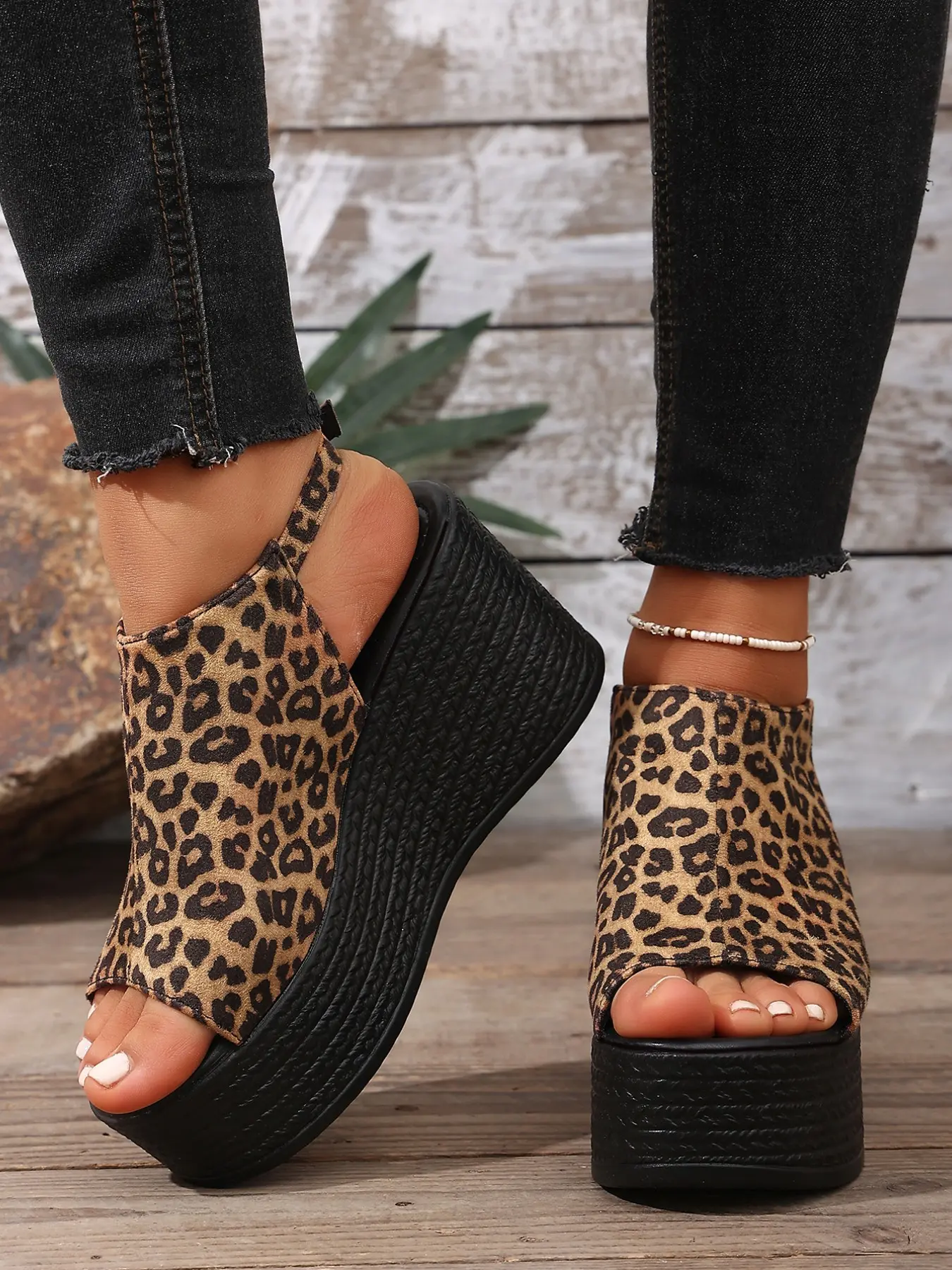 American Retro Leopard Print Thick Sole Wedge Shoes, Braided Texture Anti-Slip Heel Raiser, Women's Casual Commuter Sandals