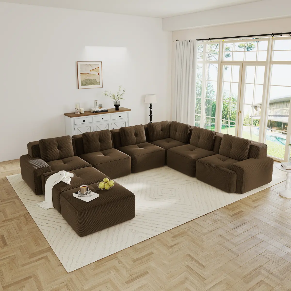 Aobtkel Minimalist Extra Wide 6-Seater V-Shaped Corner Modular Sectional Sofa for Living Room, Big Comfy Corduroy Couch with 2 Movable Ottomans, Pearl Piping, Tufted Design, No Assembly, Anti-Slip, Brown