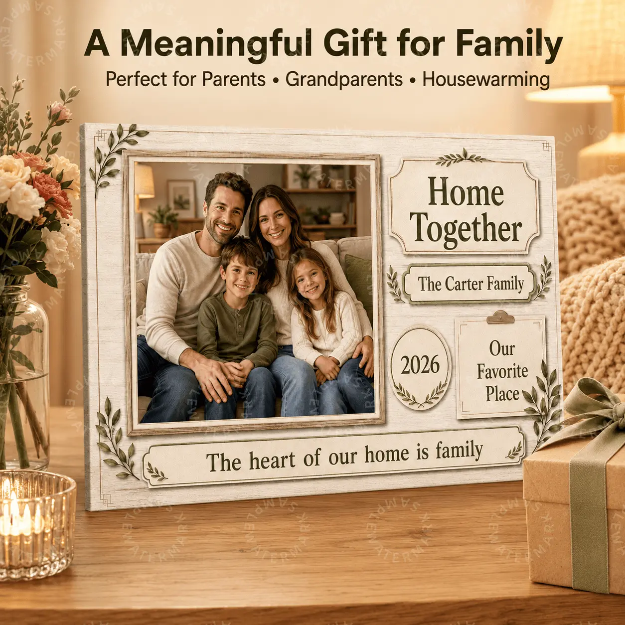 Scratch-Proof Personalized Family Home Canvas Print - Custom Photo, Name, Date, Message Wood Framed Wall Art, Rustic Farmhouse Living Room Decor, Memory Layout Family Focus Anniversary Gift Idea for Parents