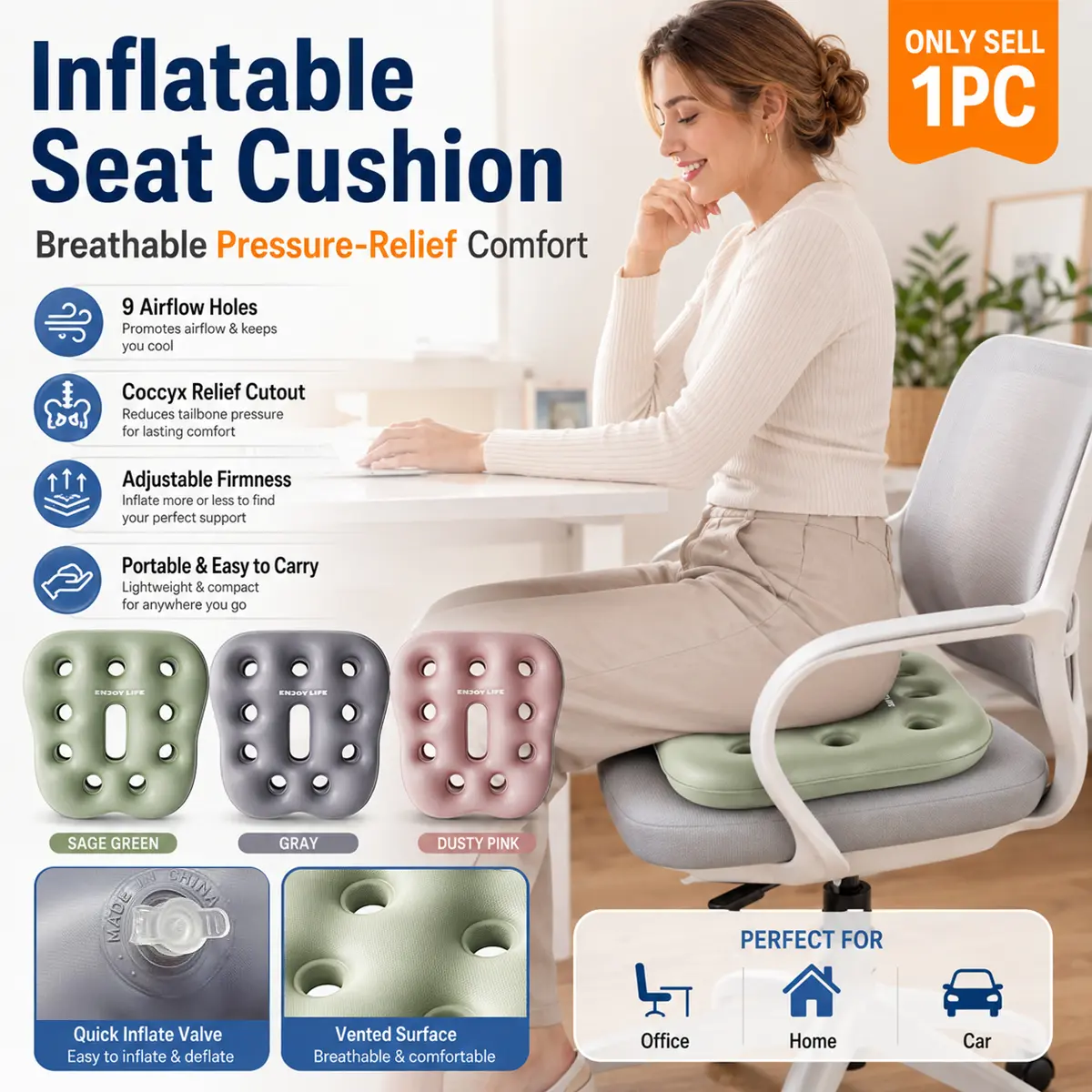 Inflatable Travel Seat Cushion for Adults, Portable 3D Air Cell PVC Chair Pad with Breathable Pressure Relief Design, Thickened Anti Slip Square Cushion for Long Flights, Office Chair, Wheelchair, Car, Home & Daily Sitting Comfort
