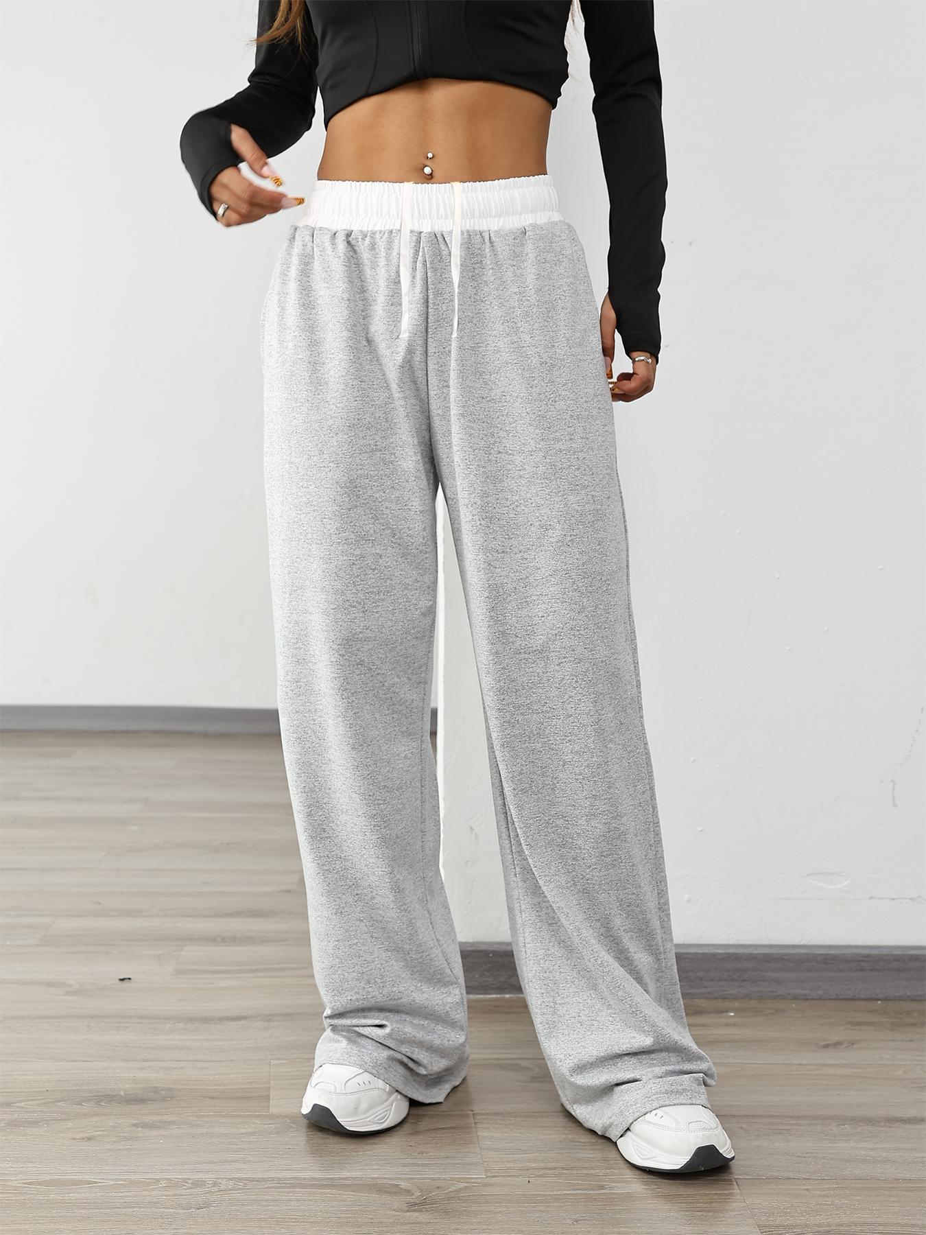 Women's Colorblock Drawstring Waist Sports Jogger Pants, Workout Casual Baggy, Sporty Pocket Design Wide Leg Trousers for Daily Wear, Ladies Sportswear for All Seasons