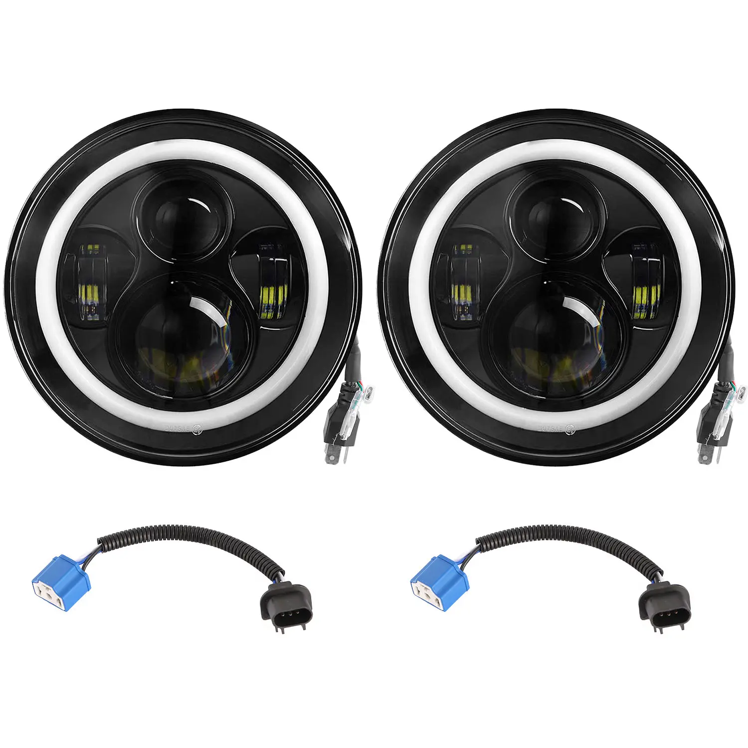 2-Pack 7 Inches LED Headlights (6000LM, 3500LM, 12V) with Halo Angel Eyes, H4 to H13 Adapter Plug and Play for Jeep Wrangler TJ JK CJ, Outdoor Off-Road LED Lights