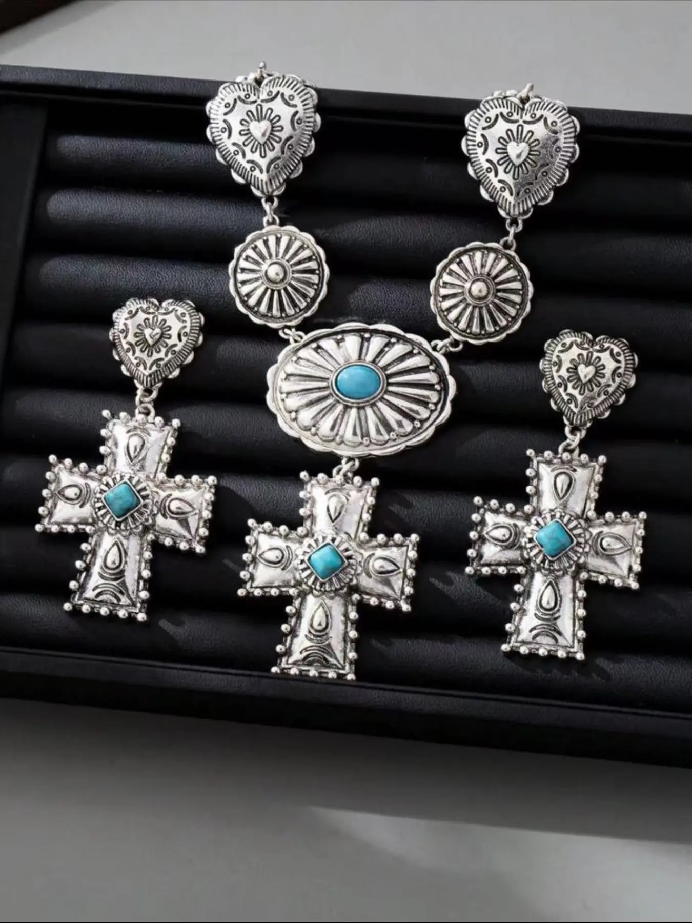 Vintage Bohemian Style Jewelry Set, Textured Heart and Cross Pendants with Turquoise Inlay, Necklace and Earrings for Women