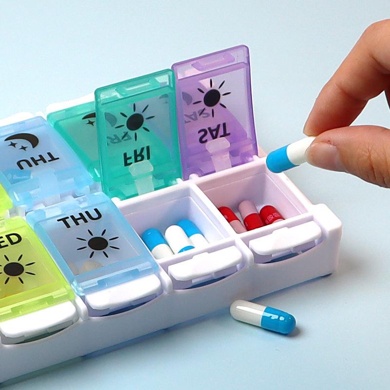 Rainbow Pill Dispensing Box 14-Compartment Press-Open 7-Day Colorful Pill Box Double Row Pop-Up Storage Easy Quick-Load Pill Box Household Portable Medicine Storage Box Dopamine Pill Boxes Large -Capacity Pill Dispensing Box Home