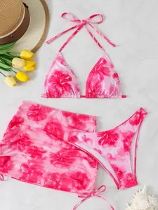 Women's Fashion Split Bikini Three-Piece Set, Stylish Swimwear for Beach & Pool, Comfortable & Trendy Bathing Suits for Summer, Print Swimwear