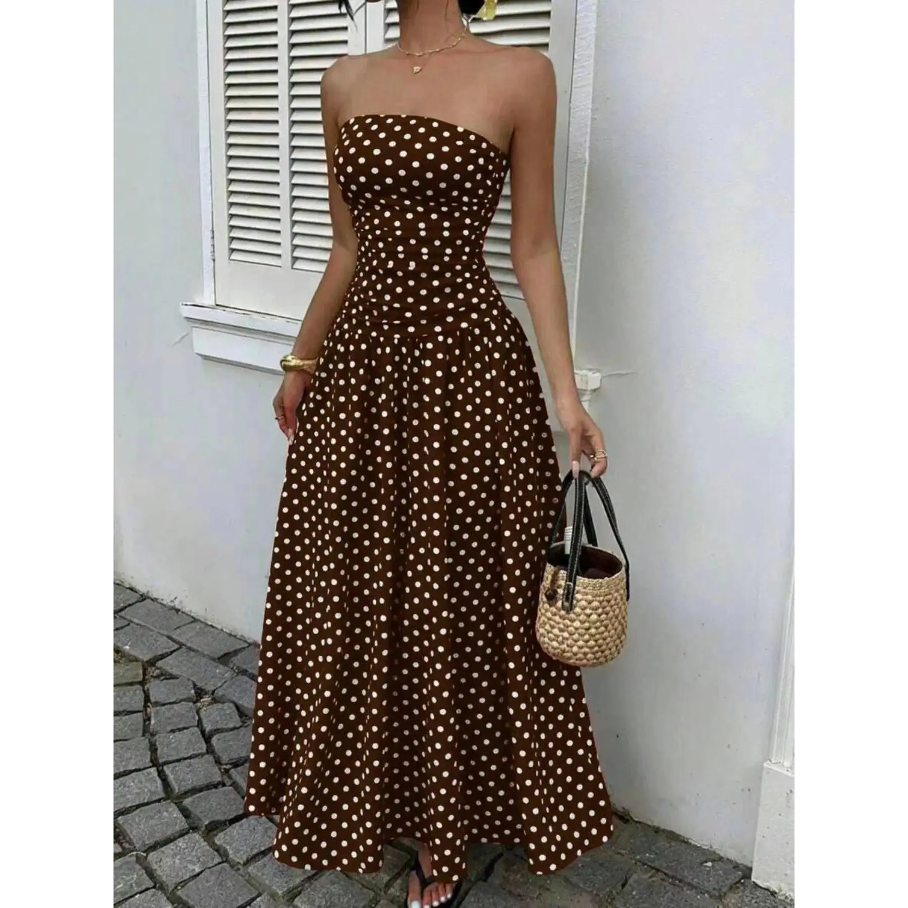Trendy Y2K Boho Polka Dot Maxi | Sleeveless Crop Top Long Dress with Flowy Sunflower Print Skirt