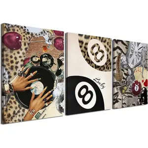 Fashion Wall Art Set of 3 Leopard Wall Decor Pictures Lucky 8 Ball Poster Canvas Painting Prints Dark Red Artwork for Bedroom Living Room Framed 16x24 inch