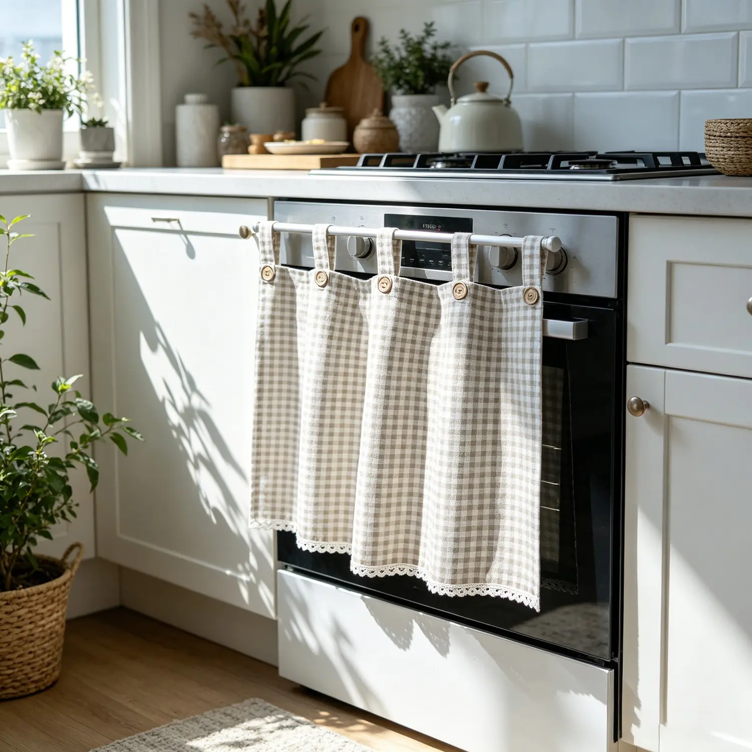 1 Panel Decorative Gingham Plaid Pattern Oven Stove Dishwasher Skirt Kitchen Curtain Semi-Blackout Curtain Valance for Dining Room Kitchen Window Tap Top Floral Privacy Half Curtains with Crochet Trim for Living Room Cabinet Decor Cafe Room Divider