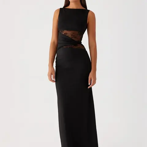 Elegant Formal Y2K Bodycon Sleeveless Dress, Lace Trimmed Hollow Out Slim Fit, Summer Daily Wear, Wedding Guest Dresses, Plain Surface, All Seasons, Women