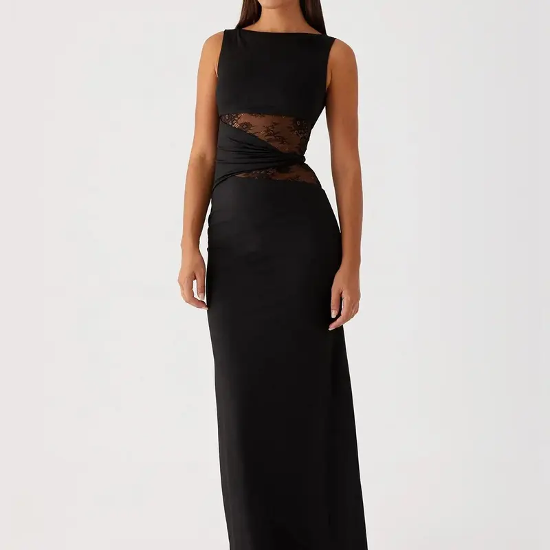 Elegant Formal Y2K Bodycon Sleeveless Dress, Lace Trimmed Hollow Out Slim Fit, Summer Daily Wear, Wedding Guest Dresses, Plain Surface, All Seasons, Women