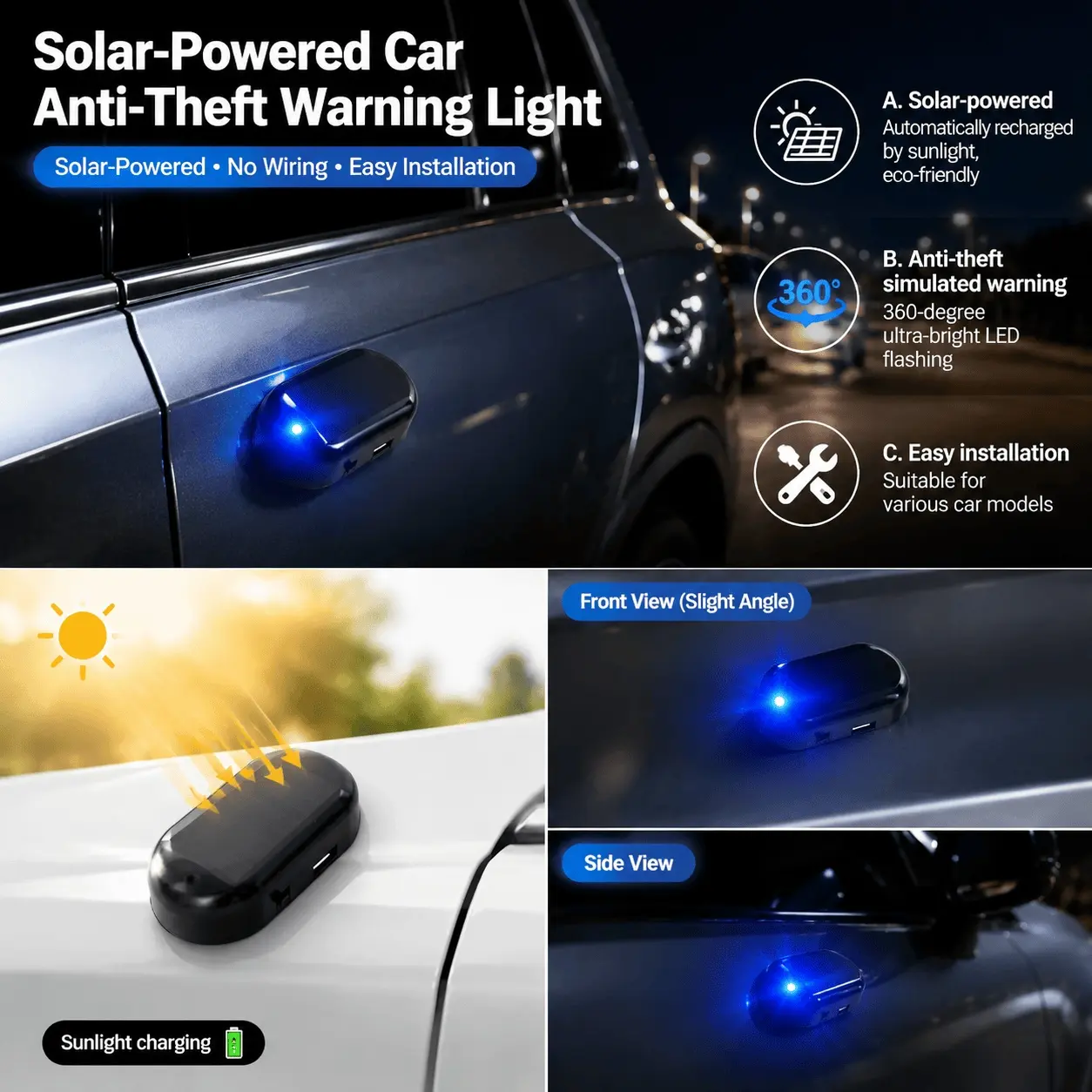 Solar Car Security Alarm Strobe Light - Ultra-Bright LED Warning Light, Motion Sensor Anti-Theft Device, Wireless Solar-Powered Vehicle Safety Light, Waterproof Outdoor Parking Security Alarm