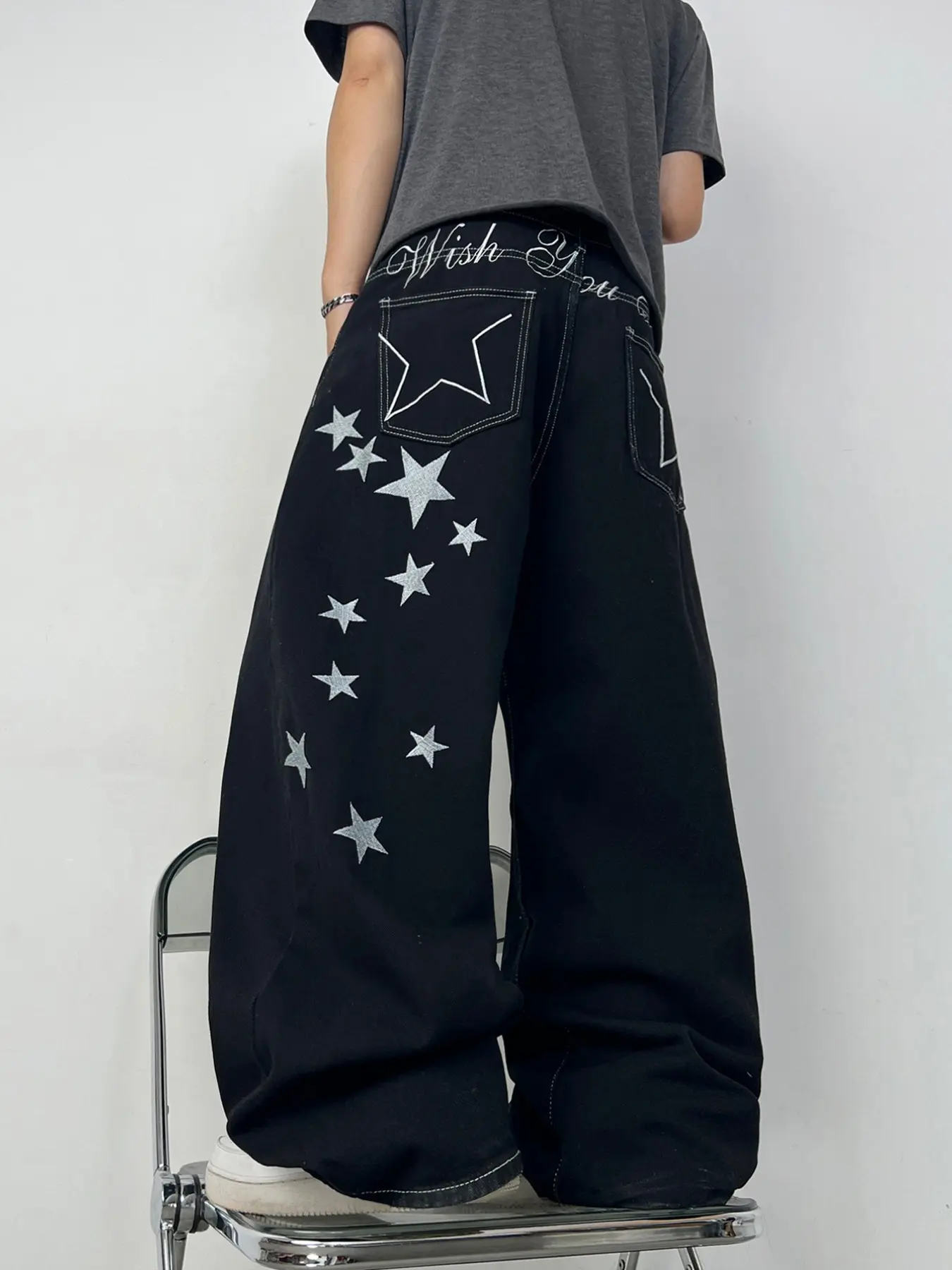 Men's Vintage Washed Colorblock Back Letter Star Embroidery Straight Leg Wide Leg Jeans, Y2K High Street Streetwear Street Hip Hop Fashion Loose Long Pants
