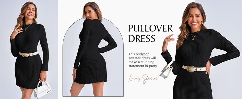 Saodimallsu Womens Long Sleeve Sweater Dress Bodycon Crew Neck Fall Slimming Knit Mini Dresses