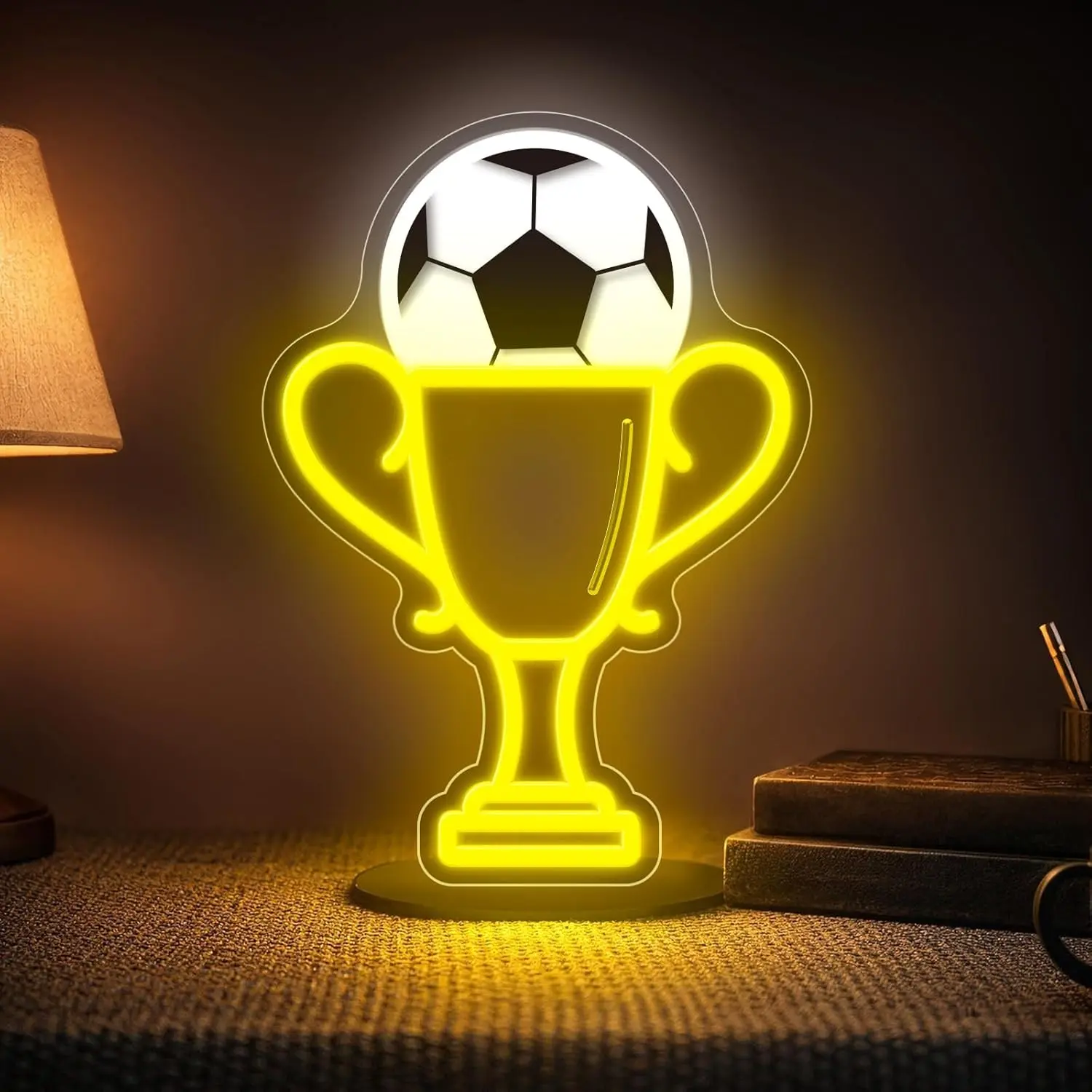 Football Neon Light, Champion Trophy Neon Light for Wall Decoration, USB Football and Cup Glow Sign for Kids' Room, Club Decor, Child Gift