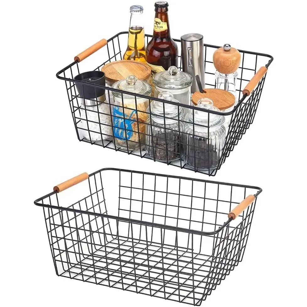 Large black wire basket for Organizing with Wooden Handles,pantry refrigerator organizers and storage,Snack Storage Baskets for Cabinets, Closets, Bedrooms, kitchen -2pack（Black）