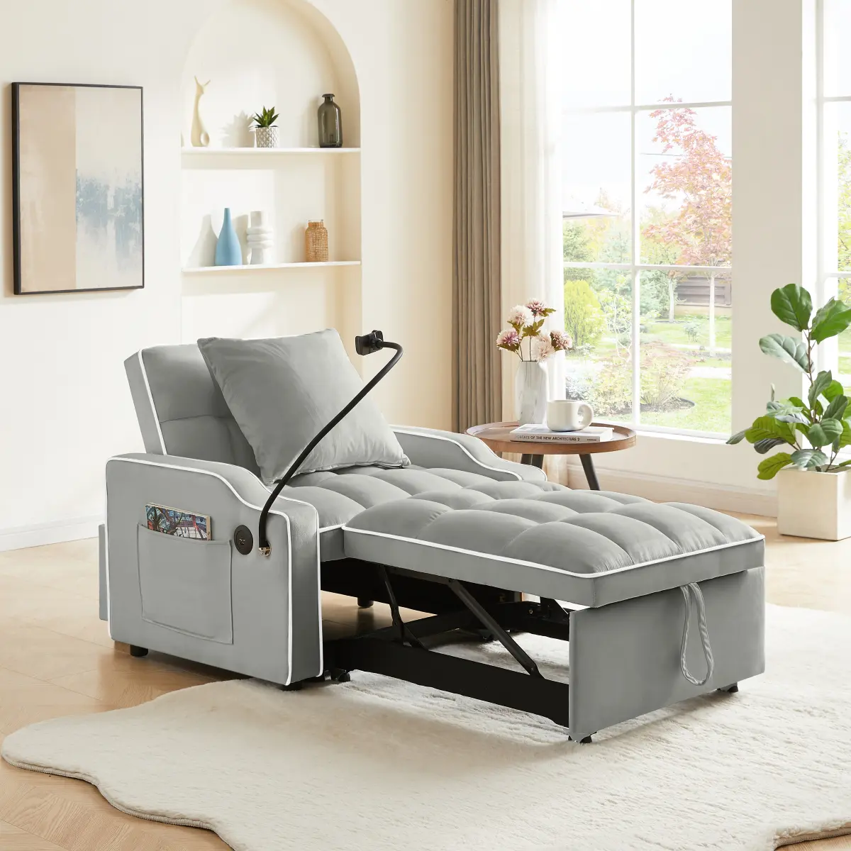 Sleeper Sofa Chair Bed,  3 In 1 Convertible Sofa Chair With With Adjustable Backrest & Phone Holder & USB, Type-C, Adjustable Recliner, Armchair For Living Room Bedroom Apartment Small Space, Gray