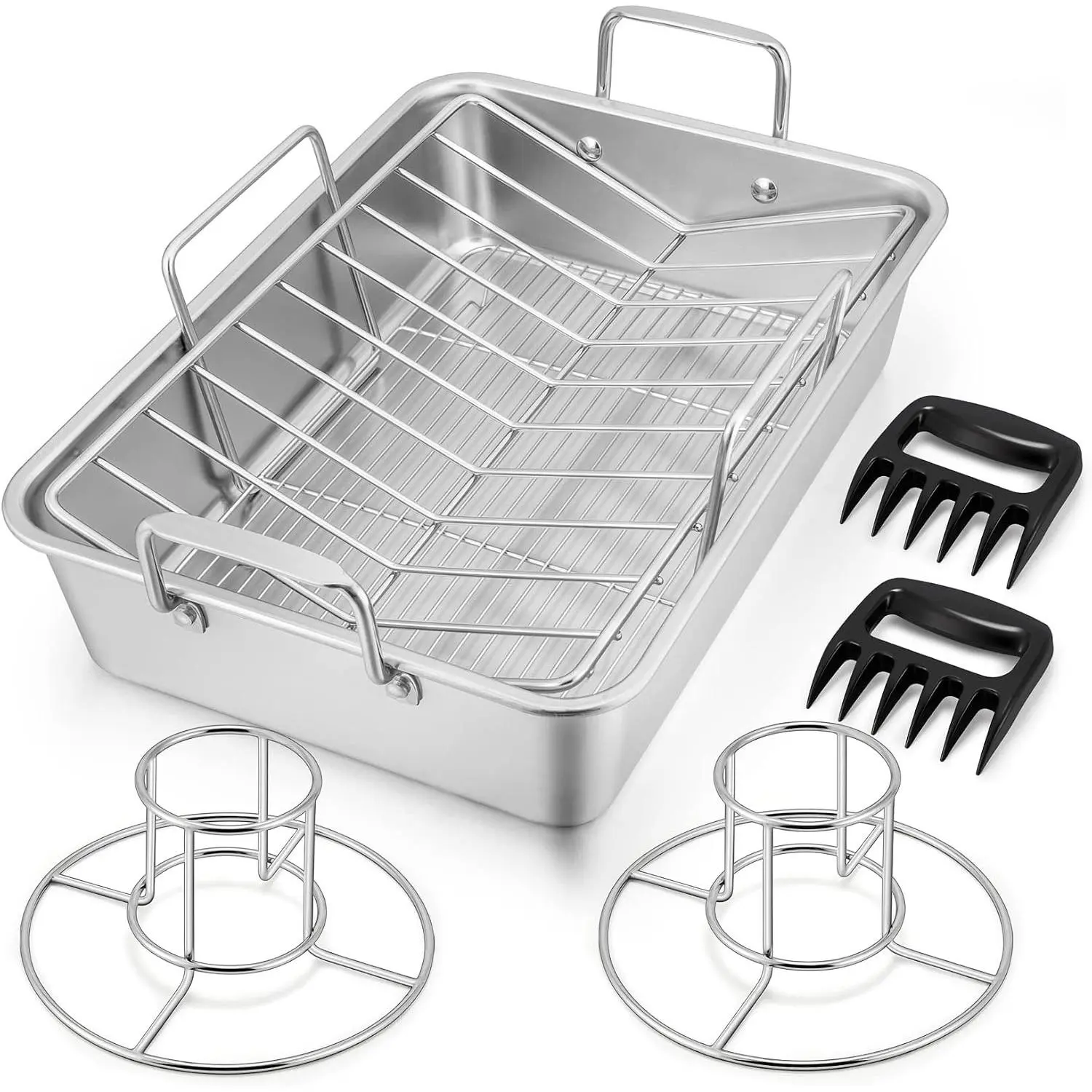 P&P CHEF 7-Piece 16" Stainless Steel Roasting Pan with Rack, Turkey Roaster Pan Set