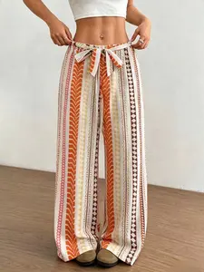 VacayVibe Bohemian Ethnic Geometric Stripe Print Self Tie Bow Elastic High Waist Lightweight Flowy Airy Loose Fit Beach Resort Vacation Travel Daily Casual Lounge Outdoor Shopping Wide Leg Palazzo Pants
