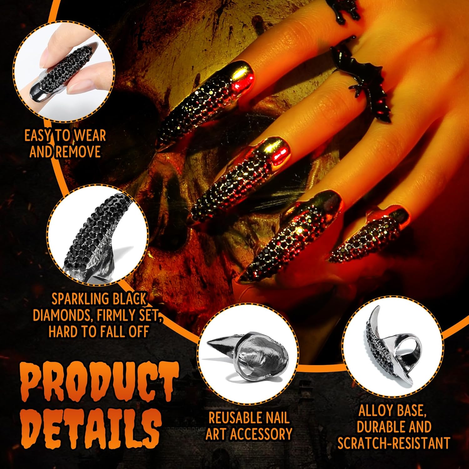 10 count Halloween Costume Claws  Nails Ring Set, 3 Sizes  Full Finger Claws Retro Metal  Rings Gothic Punk Talon Fingertip Claw Long Nails for  Art Holiday Party (Black)