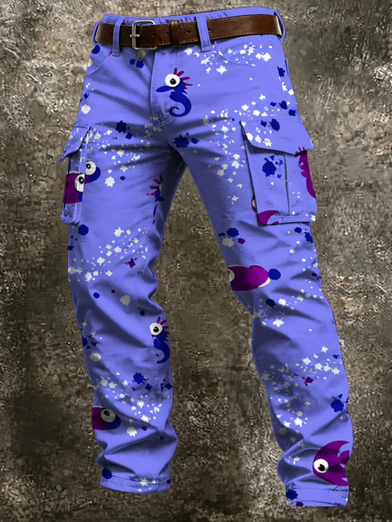 Plus-size light purple cartoon seahorse print cargo pants with cute marine life graffiti patterns, multi-pocket straight leg cut, casual and creative men's outdoor trendy cargo pants.