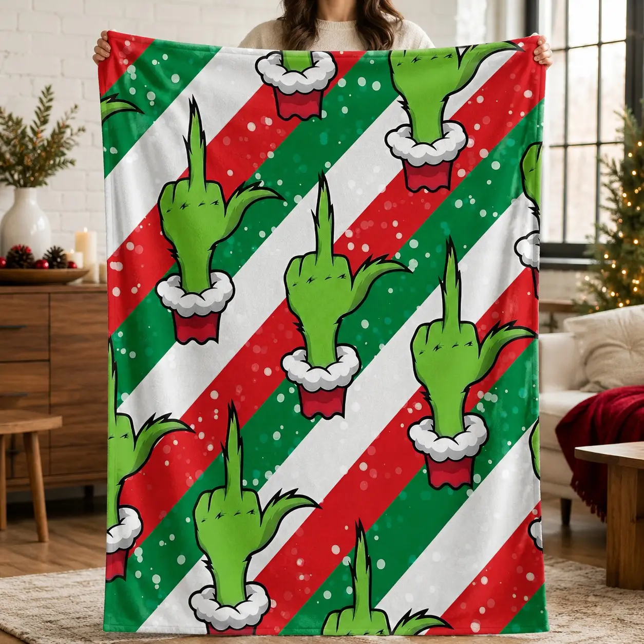 Red Green Christmas Stripe Funny Grinch Middle Finger Flannel Fleece Throw Blanket, Naughty Xmas Holiday Print Soft Warm Blanket for Sofa Bed Couch, Christmas Party Decor Nap Throw, Funny Gag Gift Home Decor Blanket