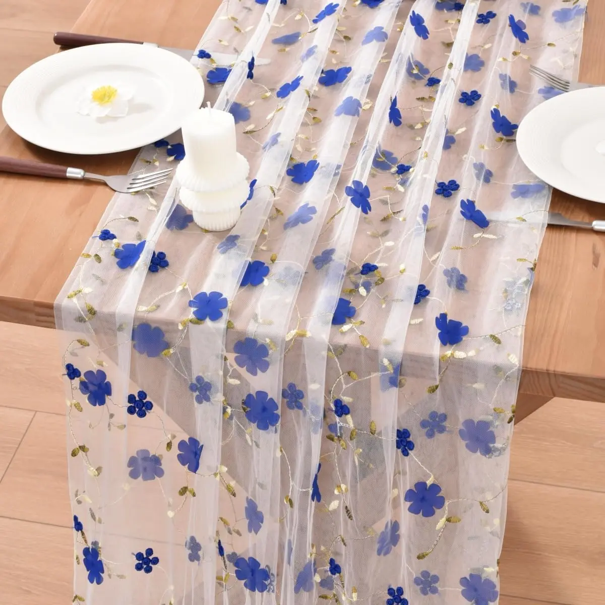Floral Table Runner Wildflower Summer Gauze  Party Table Decor Royal | Blossom Seasonal Sheer Tulle Kitchen Dining for  Birthday  Bridal Shower Picnic Decor Royal Blue