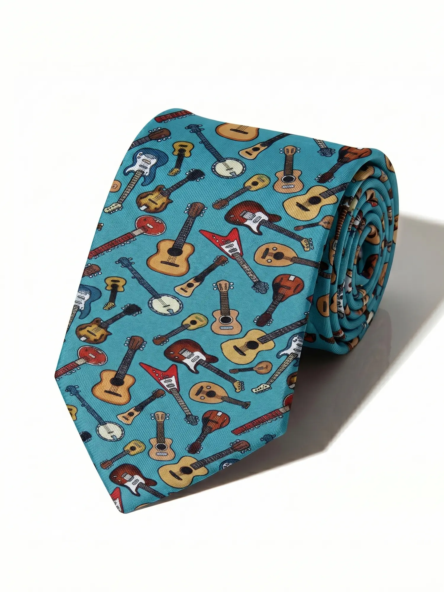 Skinny Tie with Graphic Guitar Music Print, Unisex Funky Polyester Neckwear for a Casual Party or Wedding Ceremony, Guitars, Birthday, Business Casual, Anniversary, String Instruments, Instrumental, Printed, All Over Print Neckties