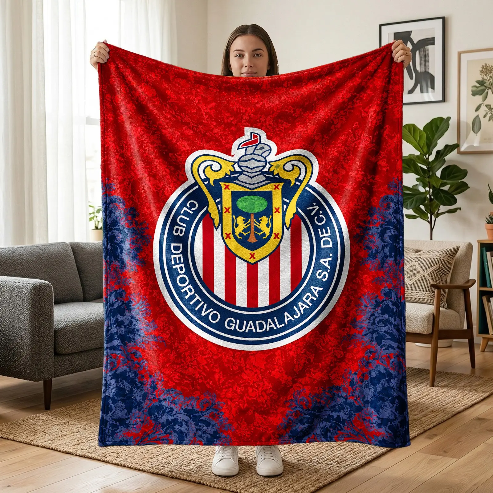 1pc Chivas Guadalajara Soccer Flannel Blanket, Club Deportivo Guadalajara Crest Throw Blanket, Red White Football Club Logo, Vintage Soccer Fan Fleece Blanket, Soft Cozy Blanket for Sofa Bed Couch Office Camping Travel, Birthday Christmas Gift