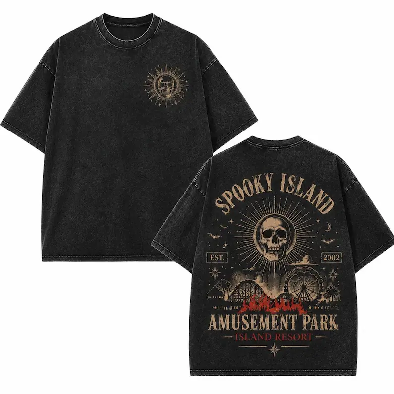 Thrift Distressed Vintage Washed Gothic Tee Big Spooky Island Amusement Park Creepy Skull Graphic Back Mini Sun Skull Chest Front Grunge Casual Shirt