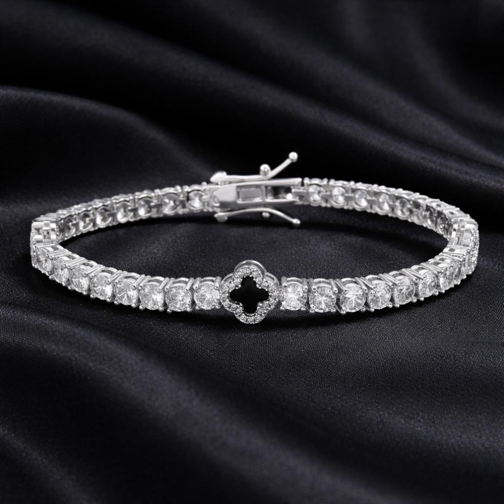 Women White Gold Plated Tennis Bracelet Iced Out CZ Chain Red Green Blue Black Clover Charm Hip Hop Jewelry