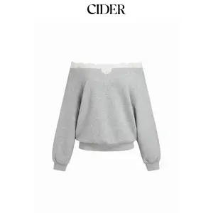 Cider Terry Off-Shoulder Lace Trim Oversized Sweatshirt Dealsforyou