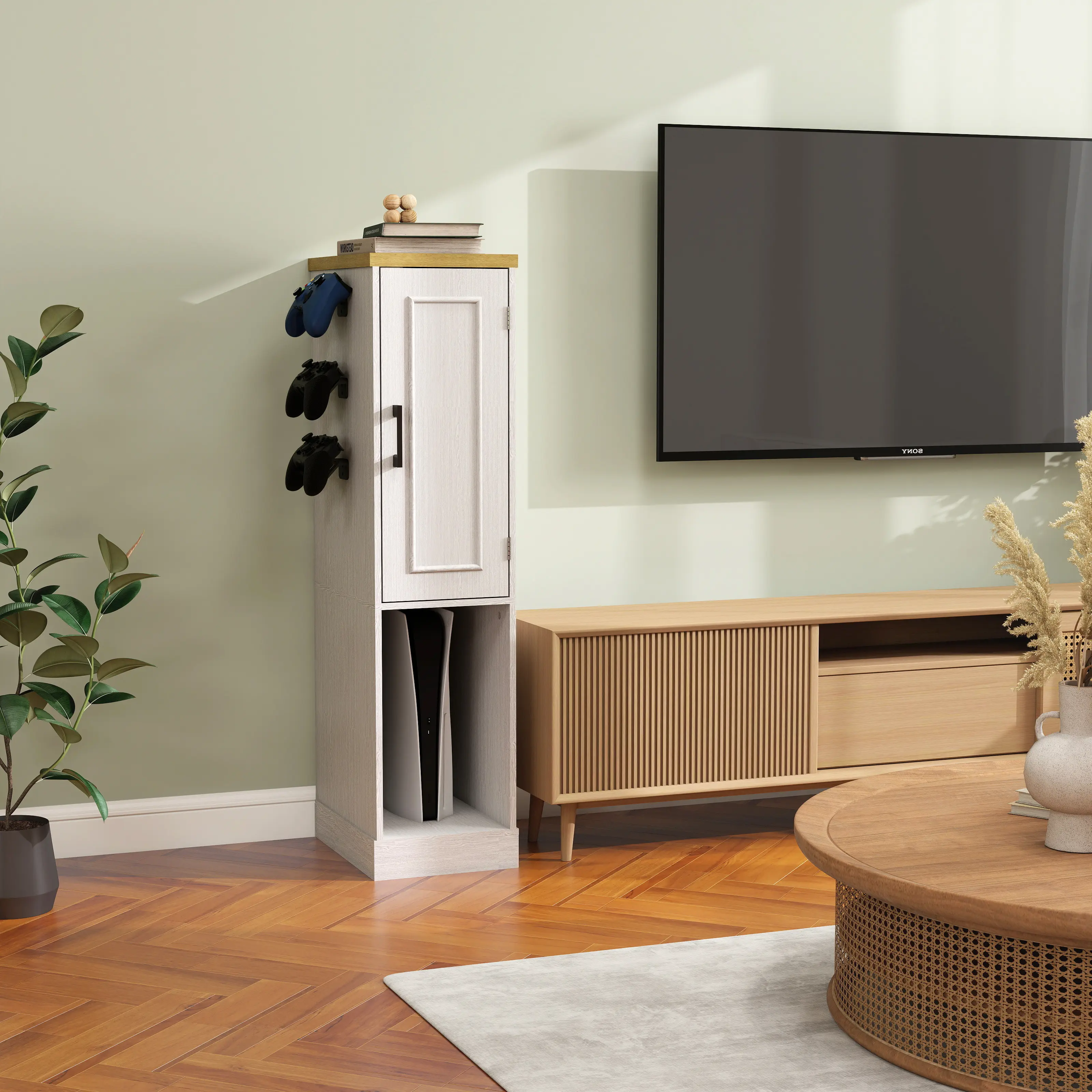 44.49 In Slim Antique White AV Media Stand - ARCH Assembly Required Game Console Storage Cabinet, Display Storage & Organizer Shelf Living Room Furniture, 2 Drawers, 3 Hooks for PS5/Xbox, Hallway Cupboard