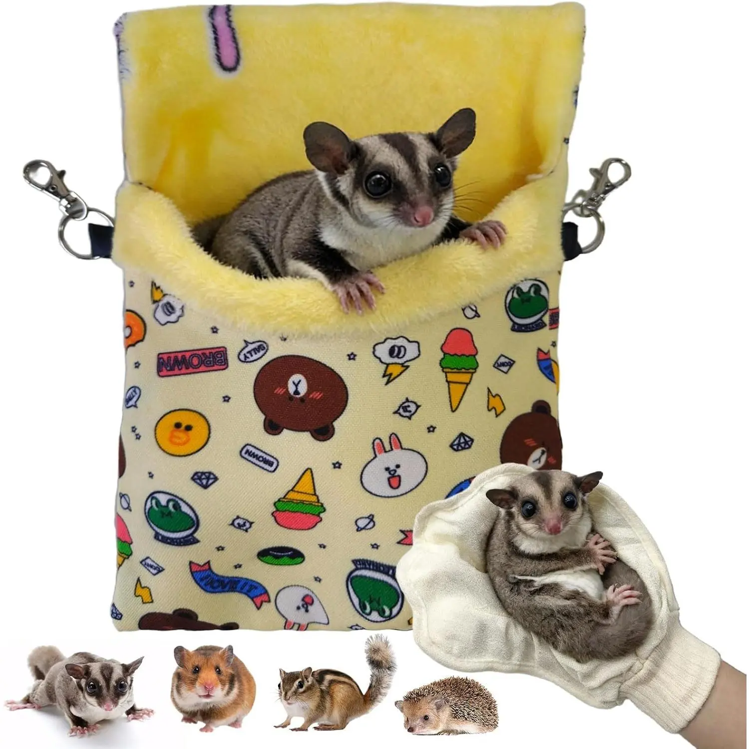 Sugar Gliders Sleeping Pouch Bag Hamster   Flannel Warm Bed Hideout with Hooks Glove Small  Nest Bed for  Rat Hedgehog,Yellow