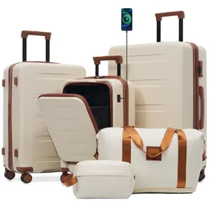 5 Piece ABS Luggage Set 20/24/28 Inch Front Open 20in Carry On with USB Port Expandable 24/28in TSA Lock 3-Step Handle 360° Double Spinner Wheels Handbag & Toiletry Bag Travel Suitcase Set
