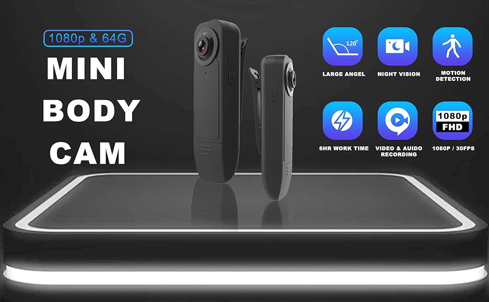 Mini Body Camera with Audio & Video Recording - Small POV Cam 1080P with 64G Card - Wearable Personal Portable Cameras Recorder DV - Night Version Camcorder for Security Work Records Guard Traveling