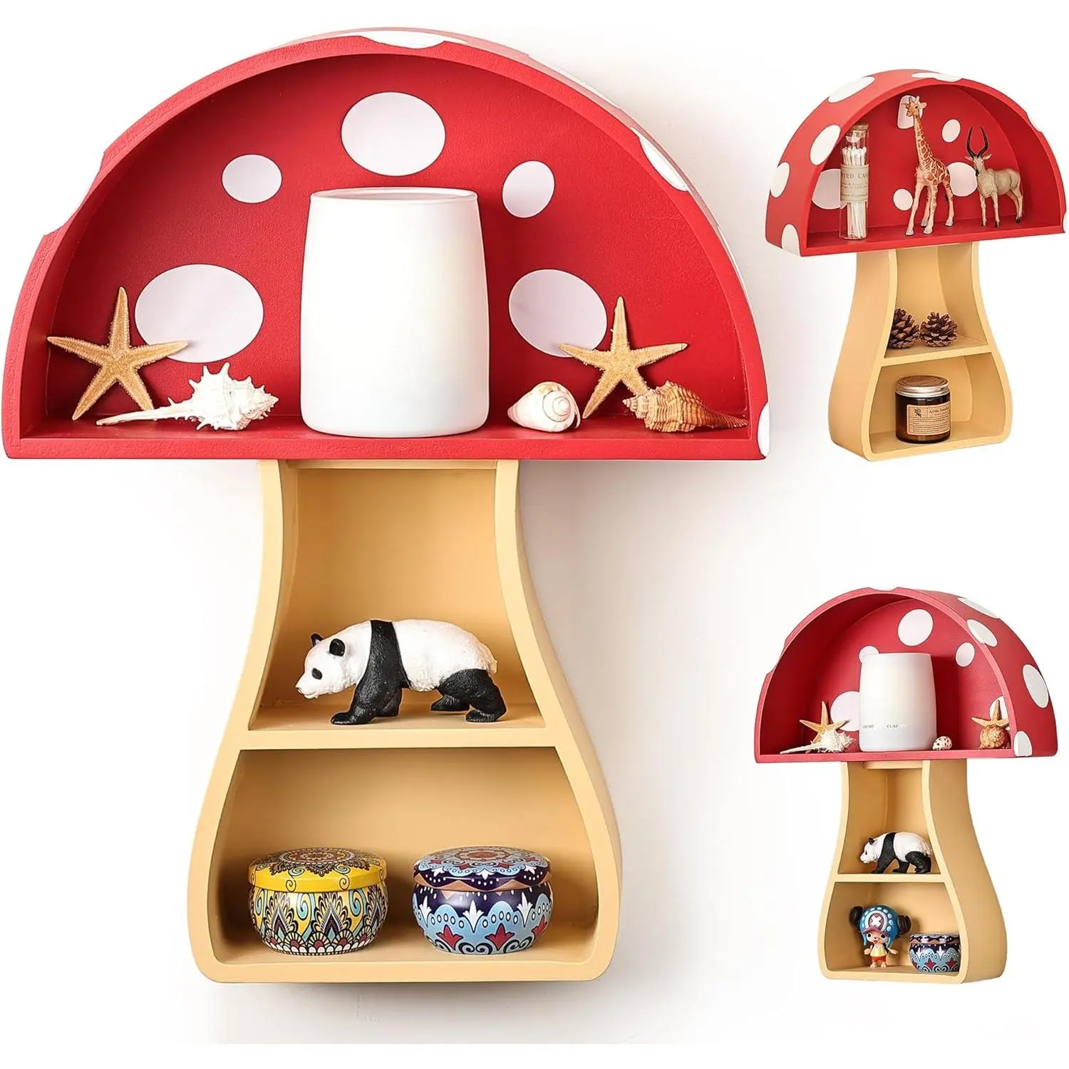Wooden Fungi Fun Floating Mushroom Curio Shelf, Novelty Wall Decor & Display for Kid Room & Bedroom, Unique Home Supplies Gift
