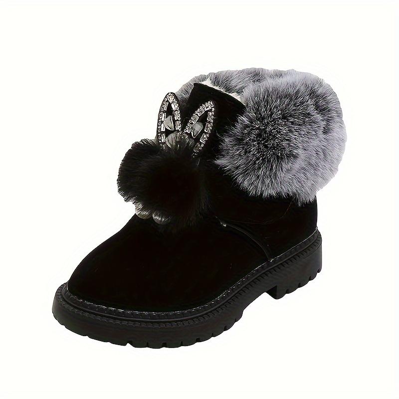 [Warm Snow Boots] Winter Warm Girls' Snow Boots |         Plush Faux Fur Trim & Sparkling Bows - Thickened Velvet-Lined First Walker Shoes, Round Toe, Red/Pink/Black