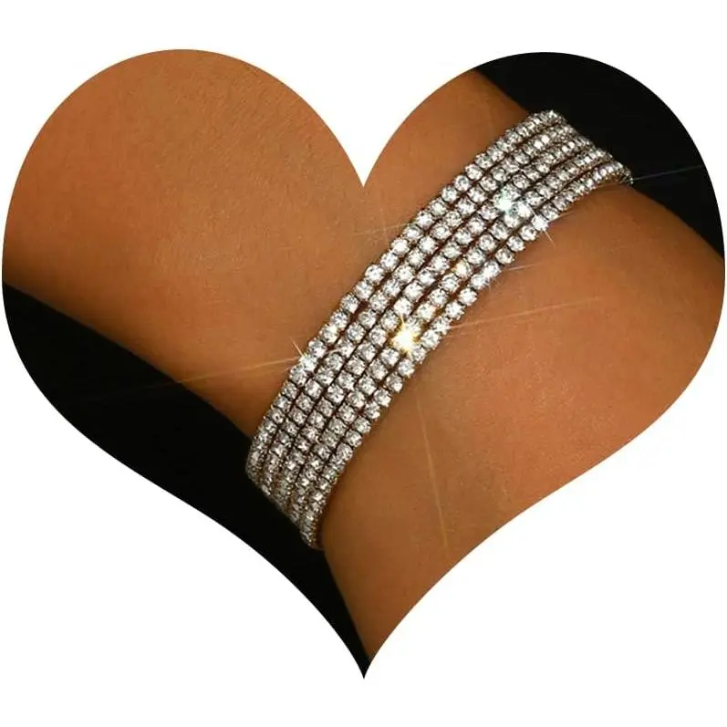 Rhinestone Bracelet for Women Layered Sparkly Rhinestone Open Cuff Bracelet Adjustable Multi Row Glitter Bangle Bride Bridesmaid Wedding Party Prom  Accessories for Her