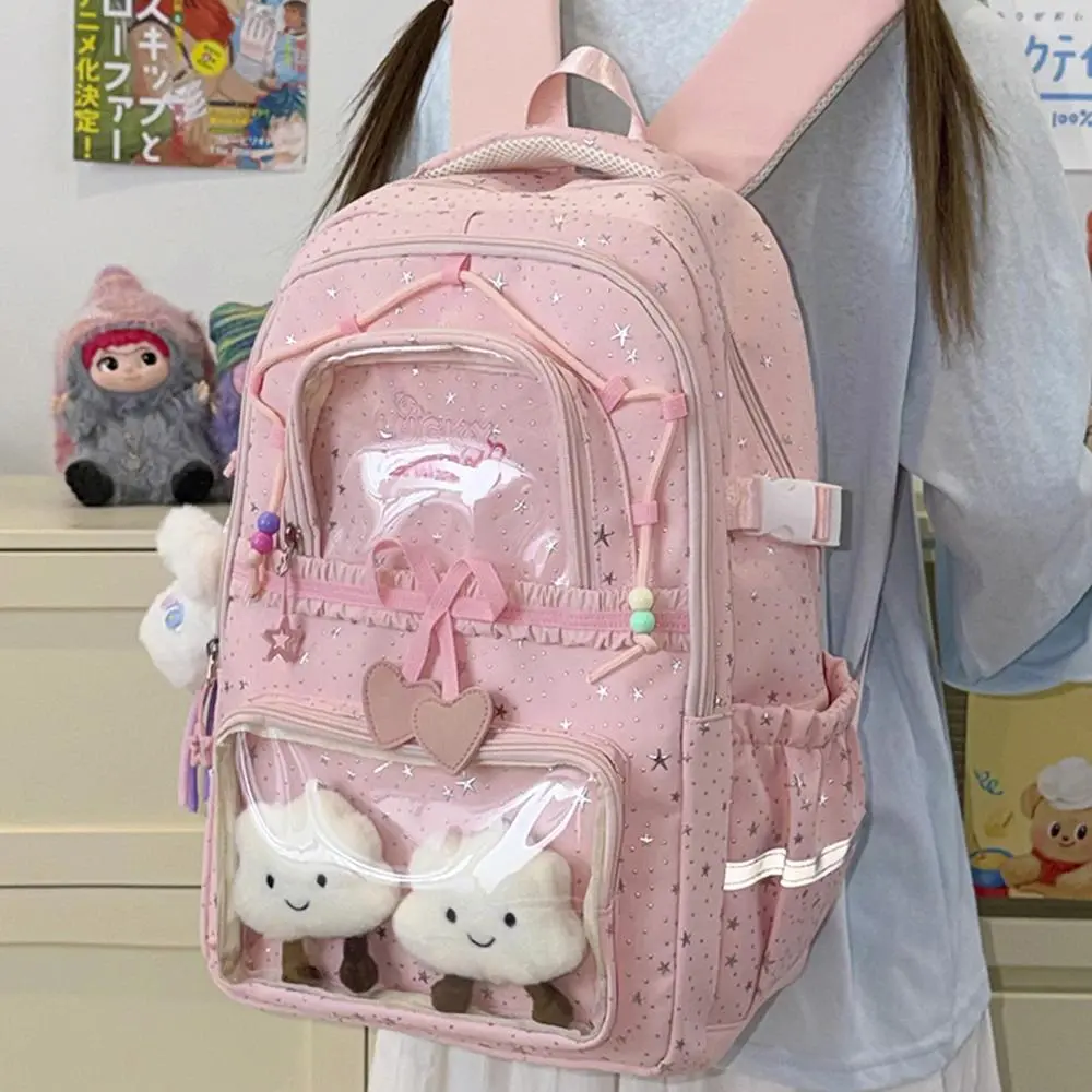 Women's Backpack Cute Female Multi-pocket Travel Bag Lovely Bow Stars Reflective Stripe Schoolbag for Teenage Girl Book Knapsack