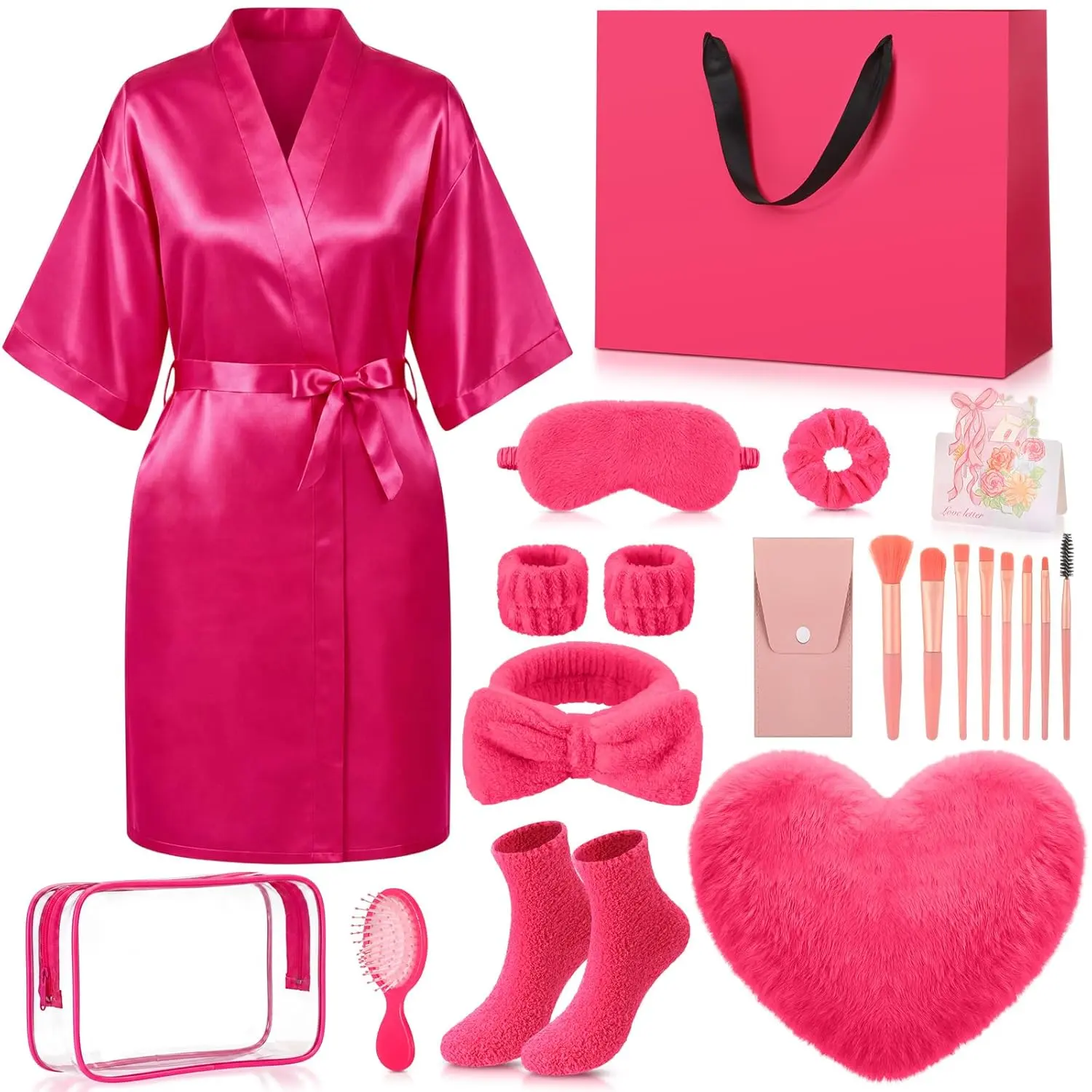 11 Pcs for Teen Girls, Spa Gift Basket for, Include Bathrobe Makeup Bag Brushes Set Heart Pillow and Accessories with Box, Sleepover Supplies(Rose Red)