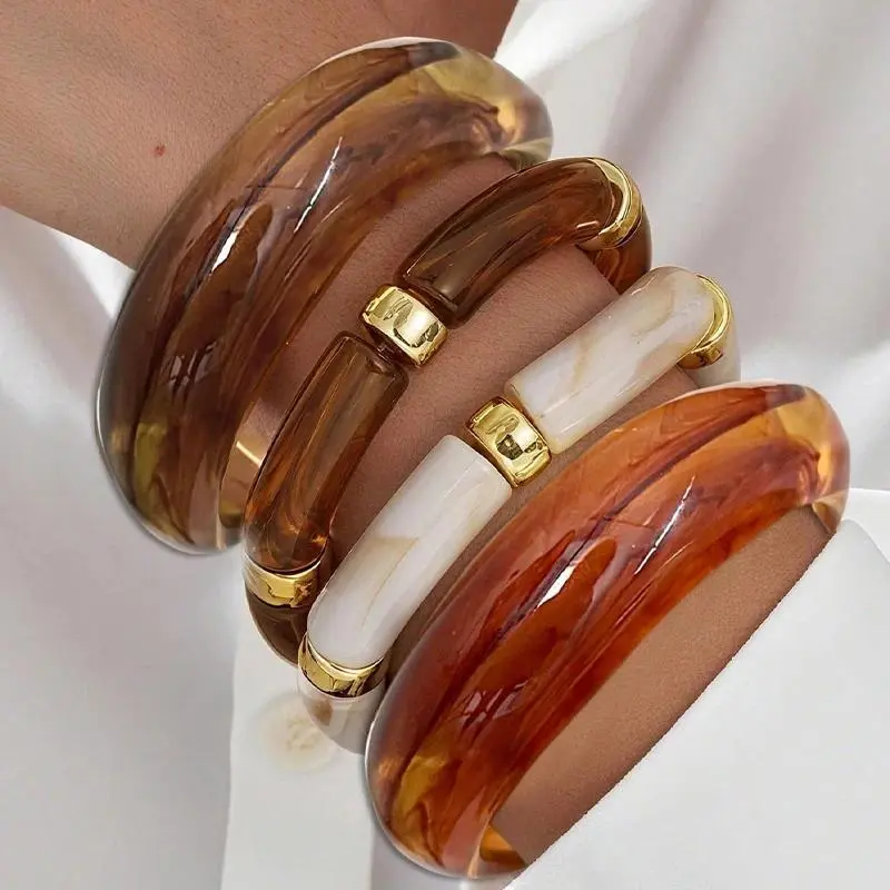 4 Pcs Resin Bamboo Bracelet Set For Women Chunky Stackable Bangle Trendy Acrylic Cuff Bracelets Party Daily Wear Jewelry Gifts