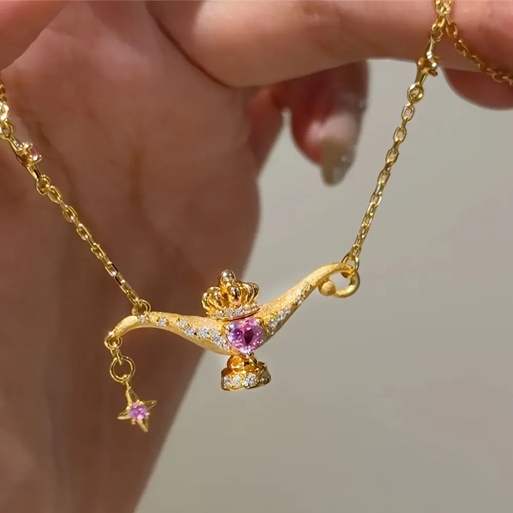 Women's Elegant Blush Pink Inlaid Sparkle Diamond Crown Necklace with Gold Chain - Suitable for Daily Wear or Gifting, Costume Jewelry Accessory