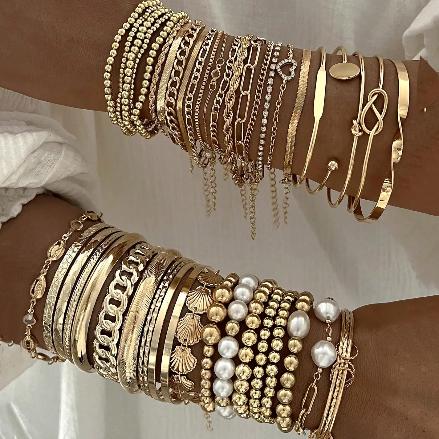 5/10pcs Fashionable Minimalist Elegant Delicate Vintage Chain Bracelets, Faux Pearl Beaded Splice Design, Lock Chain, Twist Knot, Round Bead, Braided, Cross Round Slice, Rhinestone, Shiny, Embossed Texture Snake Bone Chain Jewelry