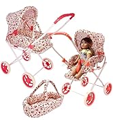 Convertible Combo Baby Doll Stroller for 3 Year Old Girls & Up |   Play Toy Baby Stroller for Dolls, Folding Adjustable Bassinet Carriage Buggy with Storage Basket Converts to Sit Up Pushcart Pram, Red