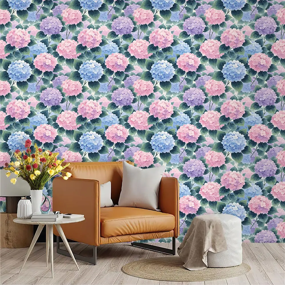 Watercolor Hand-Painted Wall Paper, Blue Hydrangea Pattern, PVC Adhesive Backing, Living Room Kitchen Bedroom Decor