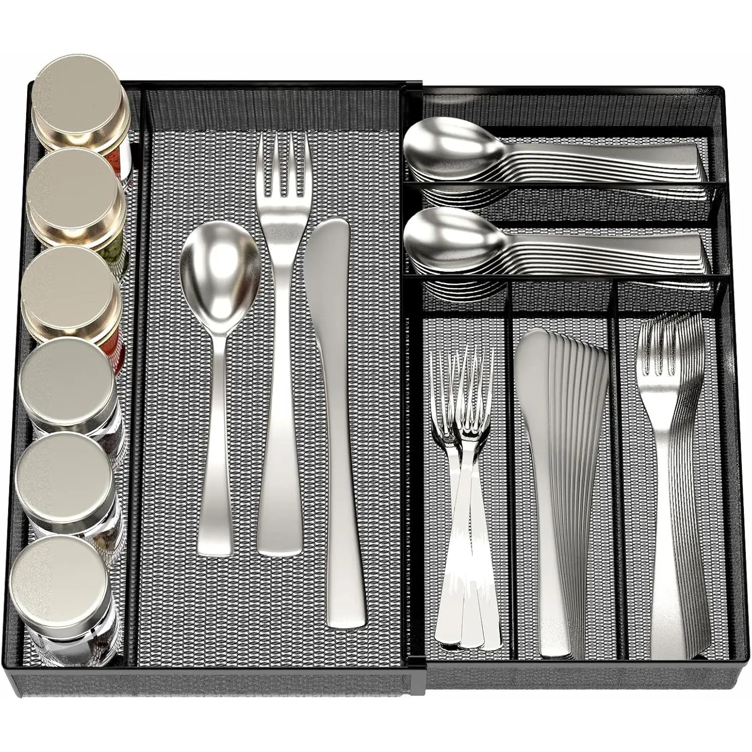 Utensil Drawer Organizer - Expandable Cutlery Tray, Silverware/Flatware Storage Divider for Kitchen, Mesh Design with Non-slip Rubber Feet (black)