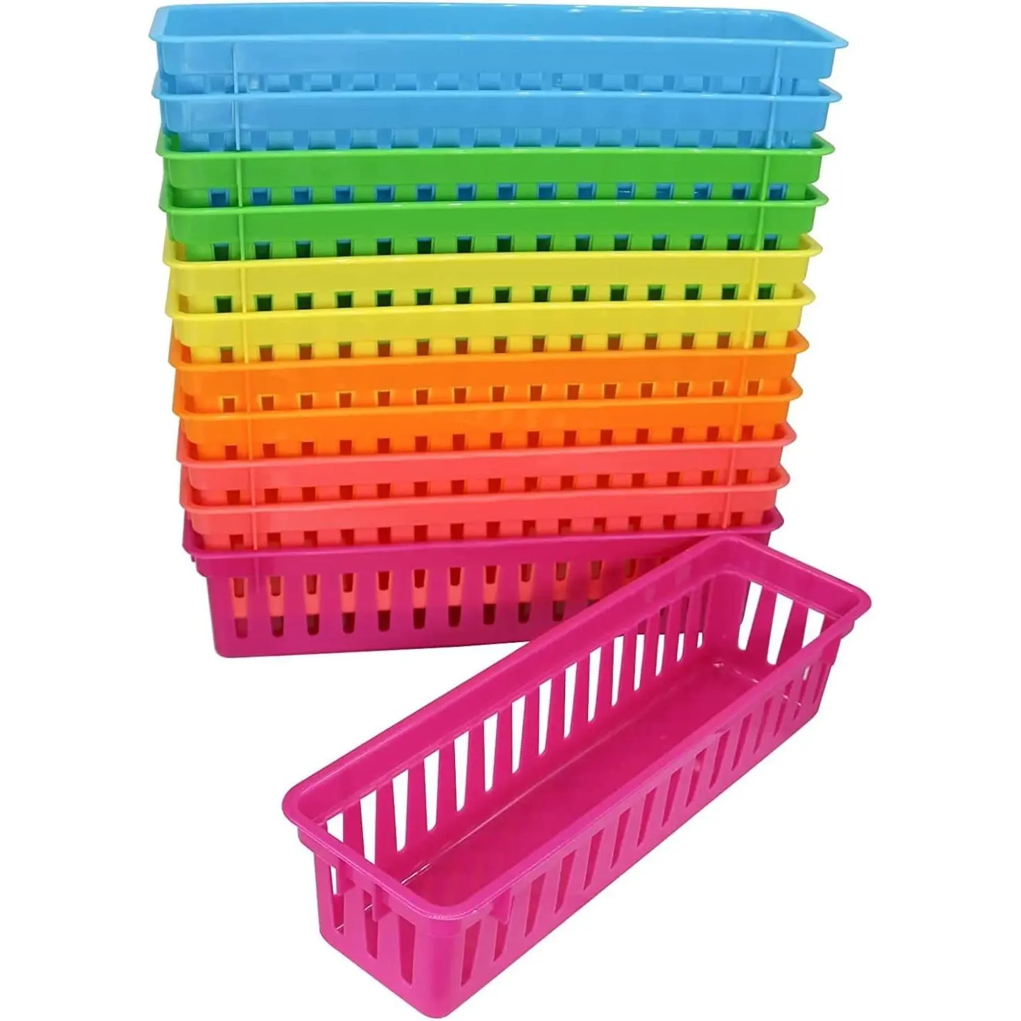 12 Pack Classroom Pencil Organizer Baskets, Small Pen Holder Tray for Desk | Plastic Desk , Slim Crayon Basket, Pencil Tray for Classroom Organization & Teacher Supplies