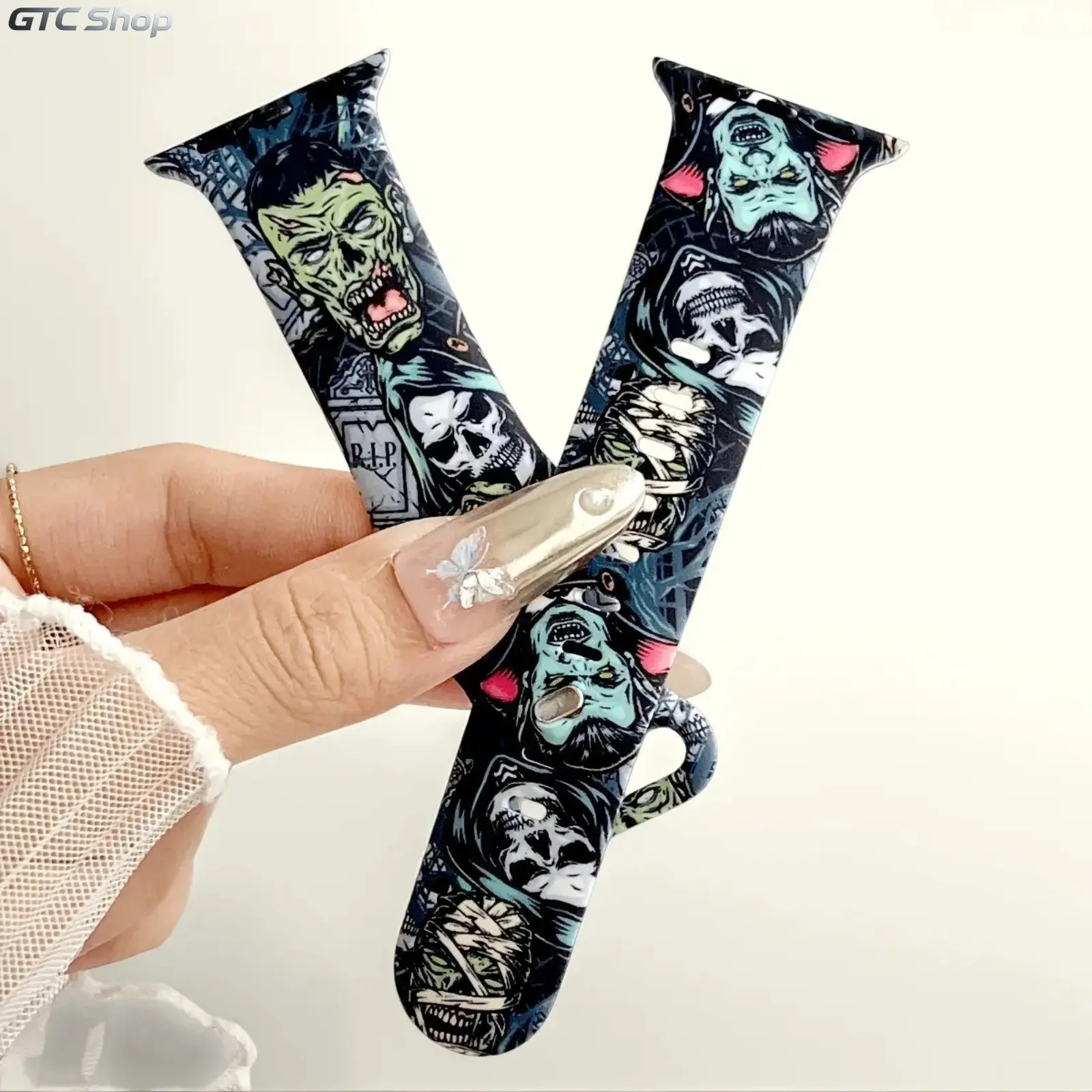 Halloween Zombie & Skull Printed Silicone Watch Band, Cool Horror Pattern Strap for Apple Watch, Fit 38 40 41 42 44 45 49mm, Compatible with iWatch Series 10 42mm 46mm, Spooky Wristband Wearable Accessory Wearable Tech Accessories