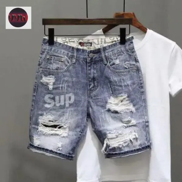 YYW1 New Men's Ripped Cotton Shorts - Personality Print, Versatile Cropped, Casual Korean Loose Streetwear Design, EE Blue Sports & Outdoor Clothes Products