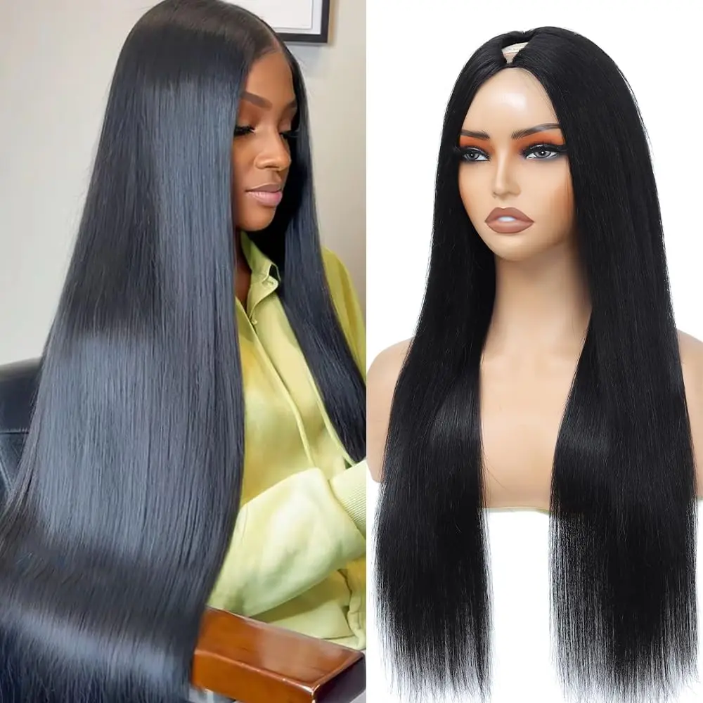 V Part Wig Human Hair Straight  Black Glueless 18 Inch 180% Density | V Shape Half Wigs for Women,  Virgin Remy Hair, Real Hairline, No Lace No Sew In, Beginner Friendly, 5-min Install